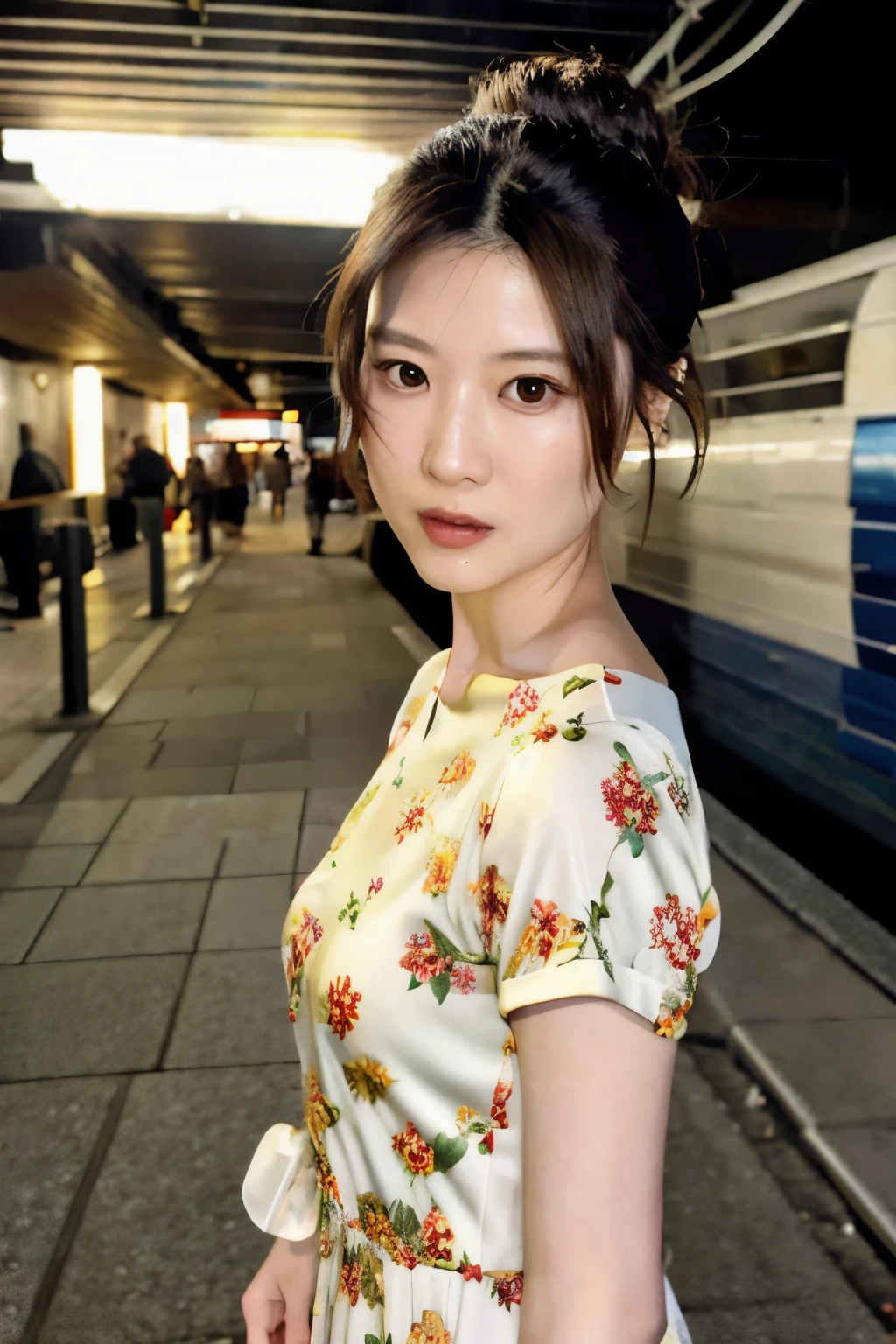 photoshoot by deborahWolf1, A skinny Japanese woman, (brown hair), (hair with elegant bun), cute face, detailed face, detailed eyes, detailed skin texture, (blush:0.2), (goosebumps:0.3), (White floral dress), underground scattering, Photorealistic, Hyperrealistic, hyperdetailed, analog style , tilted hip, demure, detailed skin, matte skin, soft lighting, subterranean scattering, realistic, heavy shadow, artwork, Best quality, ultra realistic, 8k, golden ratio, intricate, high detail, film photography, soft focus, stem, ((full body photo))