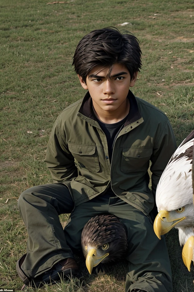 generates an animated image of an eagle with a humanoid body taking a seat on the face of a 20-year-old boy who is lying on the ground for fun, The eagle farts green in the boy's face