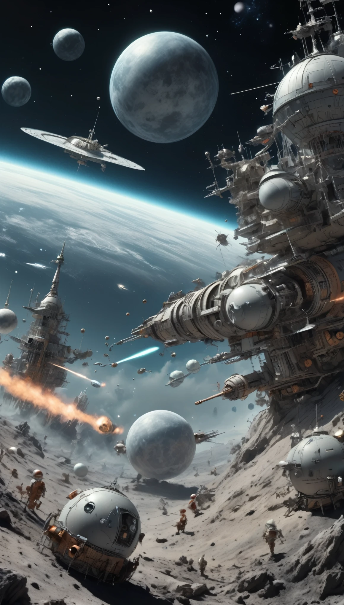 scene of space ((war)), in outer space, inspired by W. Heath Robinson, best quality, masterpiece, Ultra high detail, 8k,(wide angle:1.5)