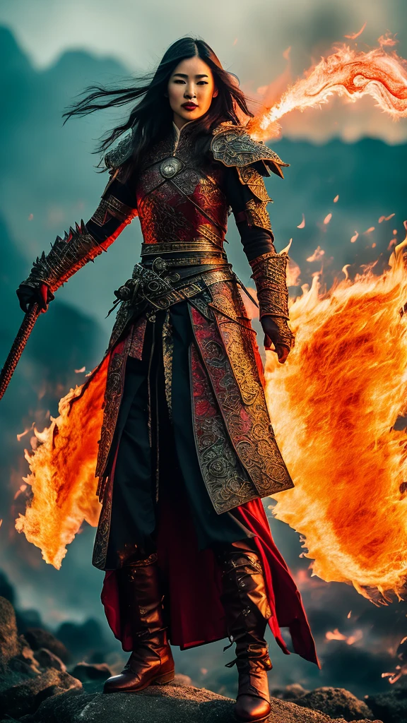 realistic photo of a woman, Asian face, fantasy warrior clothes, red, black, gloves, red shoes, long hair, wind blowing effect, fighting a large dragon monster, an orc with a flaming sword in her right hand, bright red and full lips. fire, flmngprsn, hand, holding, standing on island rock, stick medieval old style fashion front facing colored fire effect smoke background in sea of fire effects and realistic sparks masterpice ultra hd visible full body.