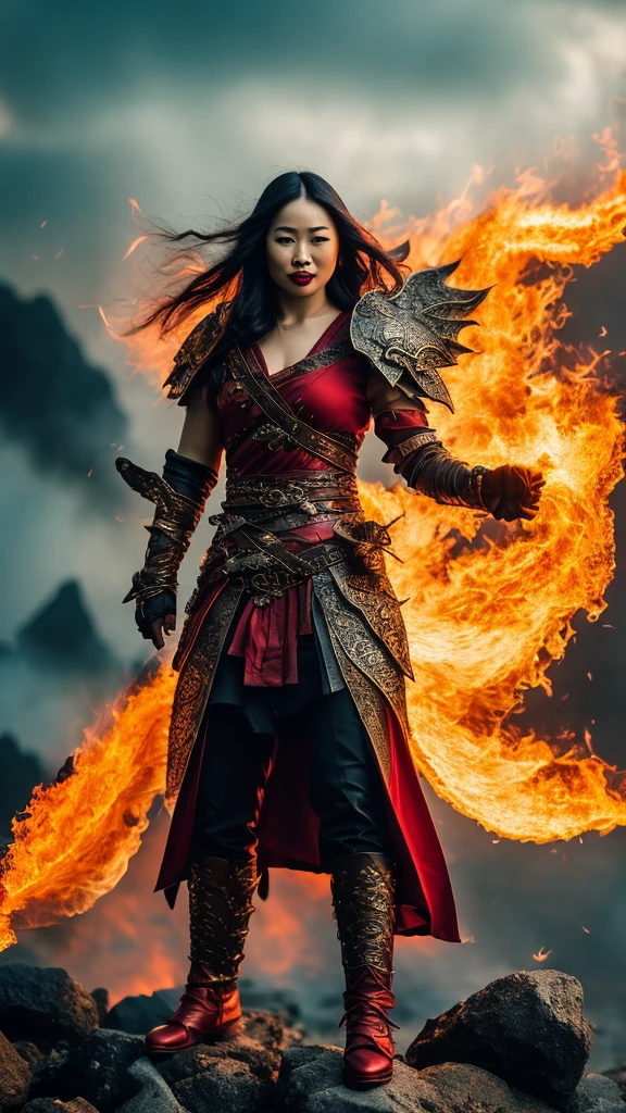 realistic photo of a woman, Asian face, fantasy warrior clothes, red, black, gloves, red shoes, long hair, wind blowing effect, fighting a large dragon monster, an orc with a flaming sword in her right hand, bright red and full lips. fire, flmngprsn, hand, holding, standing on island rock, stick medieval old style fashion front facing colored fire effect smoke background in sea of fire effects and realistic sparks masterpice ultra hd visible full body.
