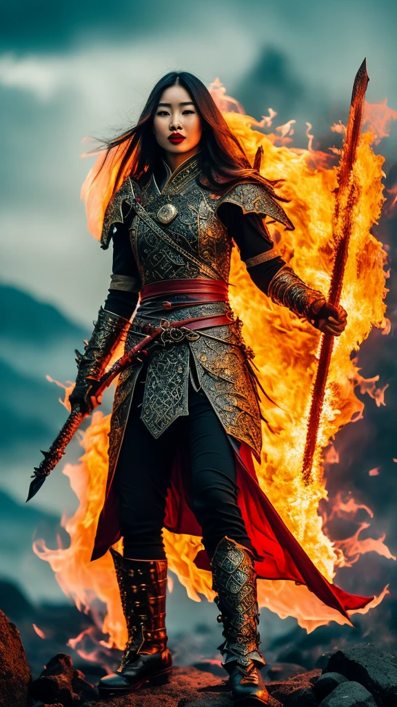 realistic photo of a woman, Asian face, fantasy warrior clothes, red, black, gloves, red shoes, long hair, wind blowing effect, fighting a large dragon monster, an orc with a flaming sword in her right hand, bright red and full lips. fire, flmngprsn, hand, holding, standing on island rock, stick medieval old style fashion front facing colored fire effect smoke background in sea of fire effects and realistic sparks masterpice ultra hd visible full body.