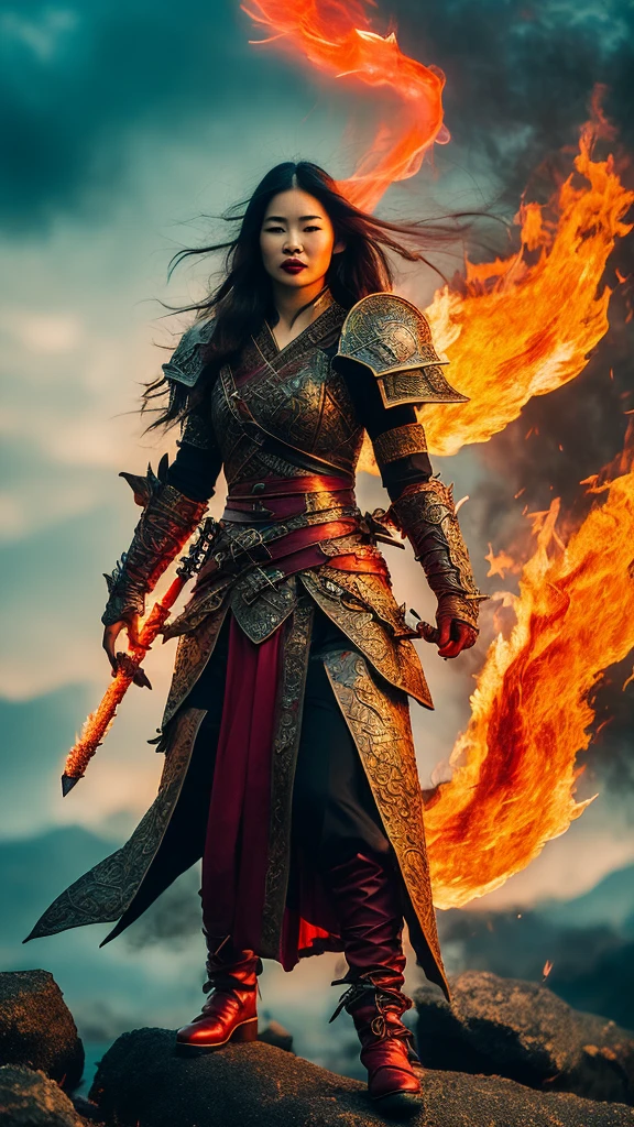 realistic photo of a woman, Asian face, fantasy warrior clothes, red, black, gloves, red shoes, long hair, wind blowing effect, fighting a large dragon monster, an orc with a flaming sword in her right hand, bright red and full lips. fire, flmngprsn, hand, holding, standing on island rock, stick medieval old style fashion front facing colored fire effect smoke background in sea of ​​fire effects and realistic sparks masterpice ultra hd visible full body.