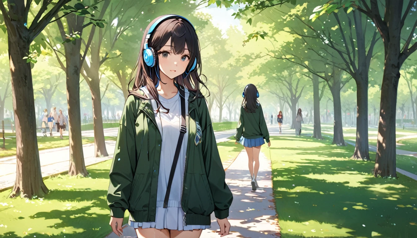 (Highest quality), One high school girl,,Headphones,Walking in the park,Fresh greenery