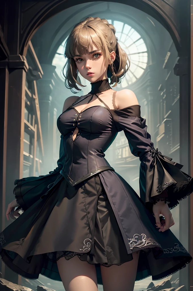 (((Masterpiece, top quality, super detailed))), One female, (((Very Slender body))) , (((Long, thin legs))), (((short black bob, thick puffy bangs ))), (((very detailed face))), cosmetics-free, small thin nose, small thin-lipped mouth, (((very sharp focused eyes))), large slit precision pale grey eyes, sparkling like jewels, Long eyelashes, ((Very decorative intricate mechanical steampunk fashion, Lace Flared mini skirt, Lace stockings above the knee, Lace Off-shoulder lolita fashion, Overly decorative fashion)), The night an abandoned, intricately mechanized steampunk factory burns and explodes, (((overall accuracy has improved dramatically, creating a super detailed and realistic image))), Super realistic photo.