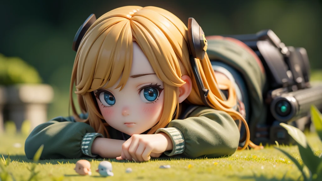 Girl doll、bank、river、bridge、Enjoying airsoft、uniform、Crawling through the grass,octane render、(Hyper-detailing: 1.15)、cinematic lightening、super fine eyes、Full Paint、Anatomically correct、Blur、Depth of written boundary