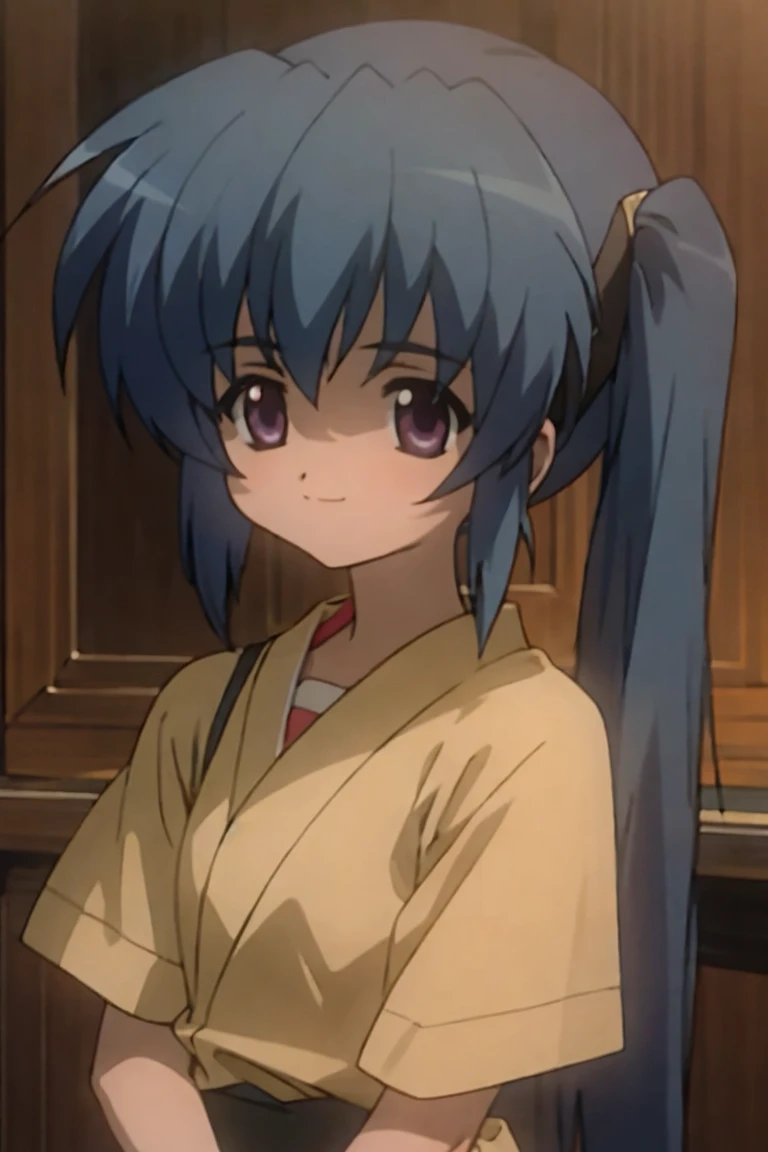One girl,Furude Rika,Beautiful viewasterpiece、Highest quality),Long blue hair in twin tails,Black frillaid clothes,Frill headband,smile,Purple Eyes,Young Girl