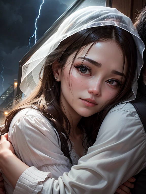 During a violent storm, a mother hug her husband in her arms, as together they watch the rumble of thunder and lightning illuminate the dark sky. In the midst of the chaos, they feel a calm, comforting presence, knowing they are safe under God's loving protection.
Detail face, detail eyes, double eyelid