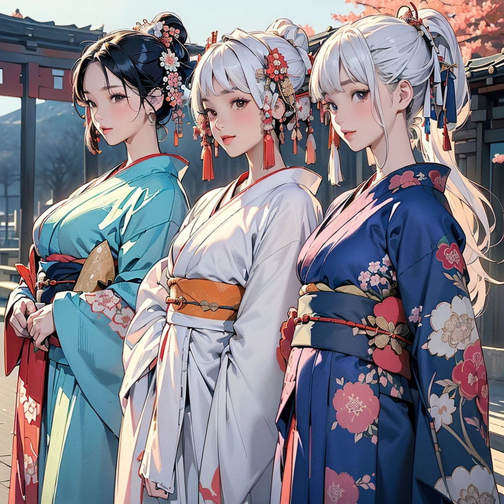 best quality, masterpiece,
New Year, (Kimono with strikingly beautiful colors:1.7),
Three Japanese high-school cute girls, looking straight, gently smiling,
white short scarf, white feather shawl,
(separately side by side:1.4),
(The image shows only the upper body:1.7),
shrine background,
winter(season),(outdoors:1.5)