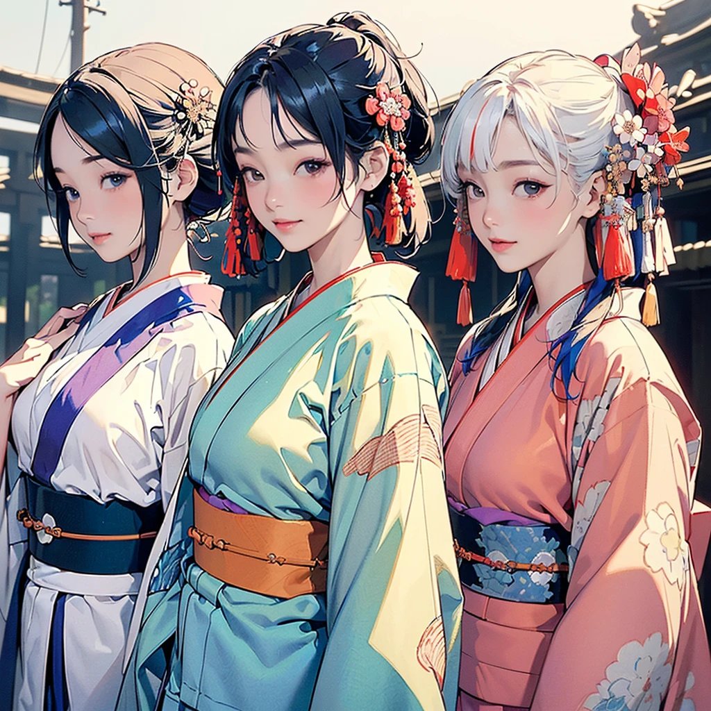 best quality, masterpiece,
New Year, (Kimono with strikingly beautiful colors:1.7),
Three Japanese high-school cute girls, looking straight, gently smiling,
white short scarf, white feather shawl,
(separately side by side:1.4),
(The image shows only the upper body:1.7),
shrine background,
winter(season),(outdoors:1.5)
