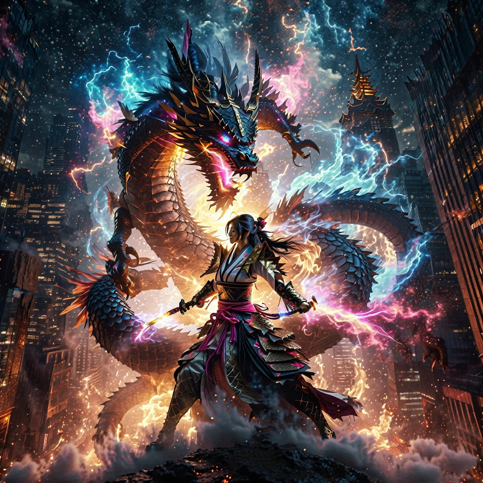 Angle shot of high ground, skyscrapers on low ground, portrait of an beautiful female samurai warrior fighting with the giant dragon, The dragon amazing flame burst fire, facing the camera, angry, body decorated with glowing gold runes, pink and blue glowing aura around her, dynamic body epic action pose, full body WARIOR armor with glow light effect, jet black smoke feathers, the milky way at night, lightning flash, stunning intricate details surreal fantasy warior art, 16k
