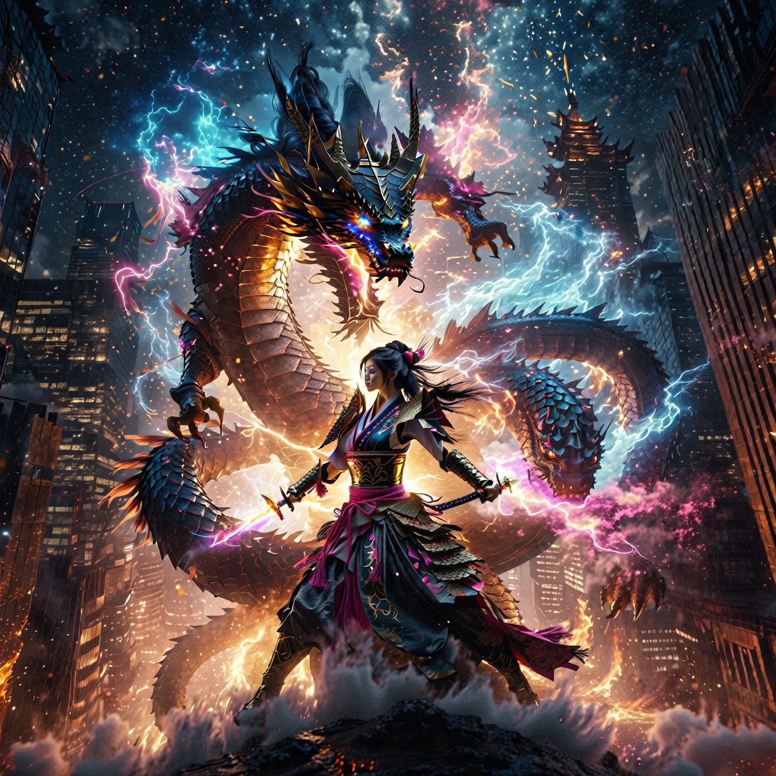 Angle shot of high ground, skyscrapers on low ground, portrait of an beautiful female samurai warrior fighting with the giant dragon, The dragon amazing flame burst fire, facing the camera, angry, body decorated with glowing gold runes, pink and blue glowing aura around her, dynamic body epic action pose, full body WARIOR armor with glow light effect, jet black smoke feathers, the milky way at night, lightning flash, stunning intricate details surreal fantasy warior art, 16k