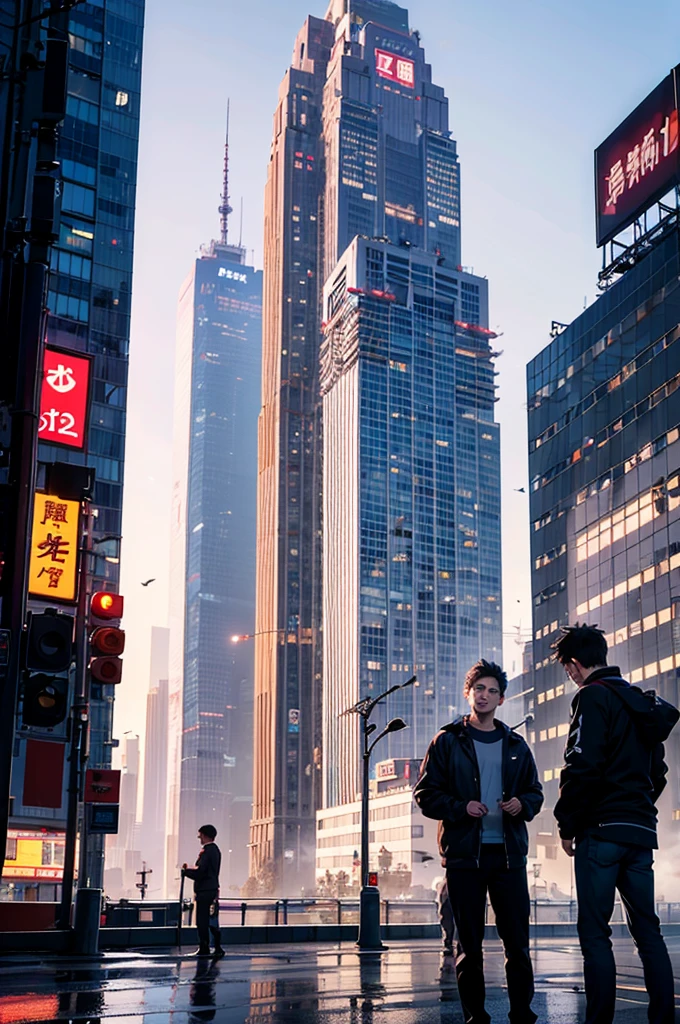 ung boy,(21 year old boy:2.1)、anime style protagonist、cyberpunk boy、silver hair、spiky hairstyle、railgun、Sword of Japan on the back、Full bloody body、looking at the camera、Thrown from the knee up、The Beginning of the Adventure、many clouds,intense fog、large moon、lightning strike、Chaotic city of the future、Cinematic dystopia、A group of very tall skyscrapers stands in the center、Very complex urban landscape,Crowded Chinese skyscrapers、High Radio Tower、trees、Traffic signs、street lights、taxis、bus、train、warm lighting,dark road、puddles、Chaotic、Beautiful and fantastic scenery、Cinematic setting、high qualiy、tabletop,in 8K、high resolution、