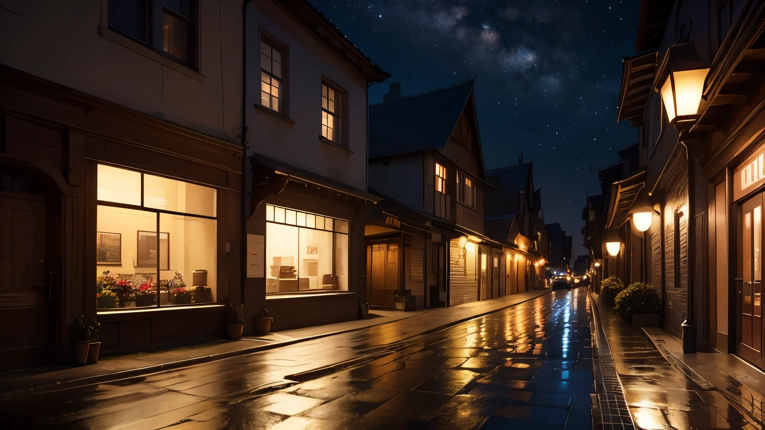 Quiet street at night。Illuminated by the soft, weak light of the street lamps。The building is attractive、A faint warm light shines through some of the windows.。The cobblestone road is wet from the recent rain.、It reflects weak light and creates a quiet atmosphere.。There are several trees along the street、The leaves are rustling in the night breeze。The sky is dark and clear、The stars are shining。The whole scene is peaceful and quiet.、It creates an attractive atmosphere。