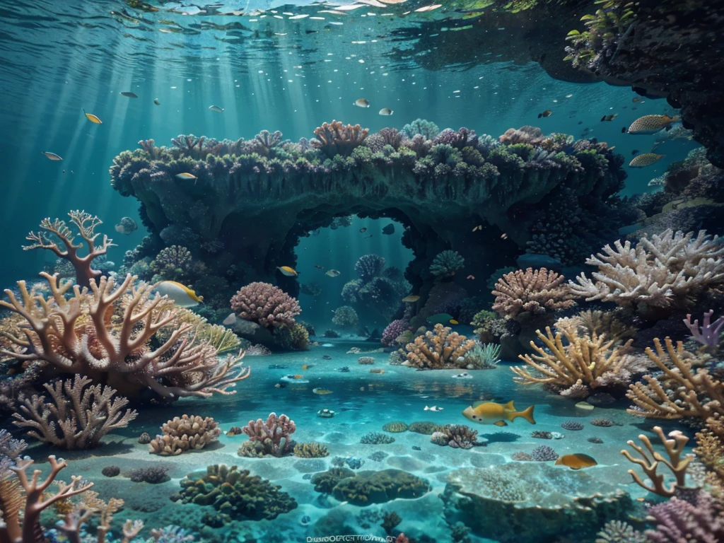 ultra-detailed underwater coral reef, vibrant colors, shoal of tropical fish, schools of colorful exotic fish, beautiful marine life, stunning oceanic landscape, intricate coral formations, lush aquatic vegetation, crystal clear water, natural sunlight filtering through water, realistic water reflections, photorealistic quality, cinematic lighting, hyperrealistic details, award-winning digital art