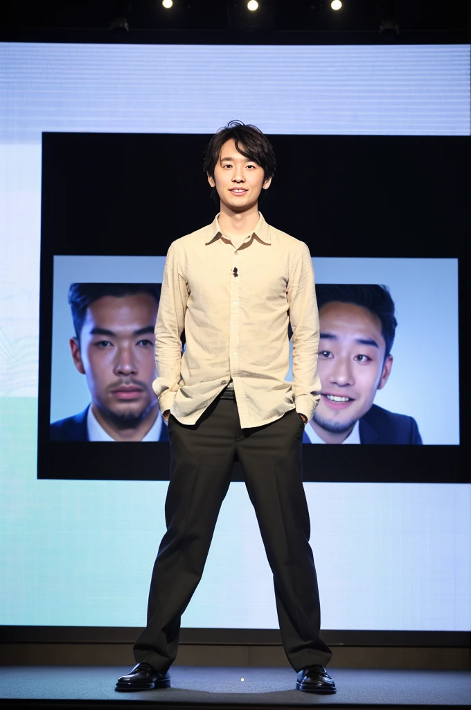 (masterpiece:1.2), (Highest quality:1.1), Ultra-high resolution, 8K, (Photo Real:1.2), (Depth of written boundary), Full-body images、Presenting in front of a large conference screen、A face with attention to detail, Body with attention to detail,A boring 30-year-old Japanese male office worker、Lively face、Bright Face、The presentation was a great success