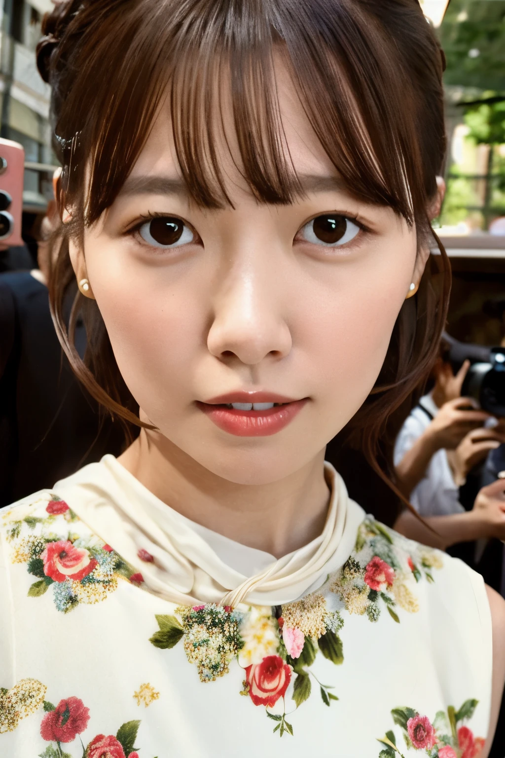 photoshoot by deborahWolf1, A skinny Japanese woman, (brown hair), (hair with elegant bun), cute face, detailed face, detailed eyes, detailed skin texture, (blush:0.2), (goosebumps:0.3), (White floral dress), underground scattering, Photorealistic, Hyperrealistic, hyperdetailed, analog style , tilted hip, demure, detailed skin, matte skin, soft lighting, subterranean scattering, realistic, heavy shadow, artwork, Best quality, ultra realistic, 8k, golden ratio, intricate, high detail, film photography, soft focus, stem, (({full|upper} body photo))