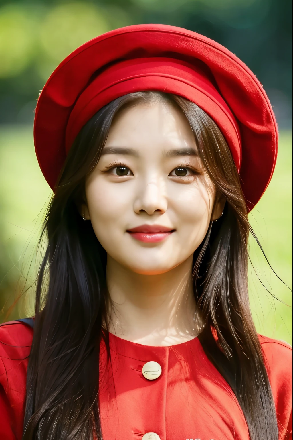 a close up of a woman wearing a red shirt and a green hat, park ji-min, lee ji-eun, lee ji - eun, portrait of female korean idol, heonhwa choe, tzuyu from twice, hwang se - on, wan adorable korean face, jaeyeon nam, sun yunjoo, jinyoung shin, taejune kim, krystal