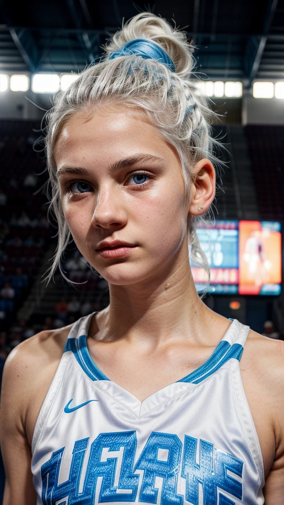 14 year old girl with white hair up, light blue eyes, White skin , small, upturned nose and very beautiful basketball player
