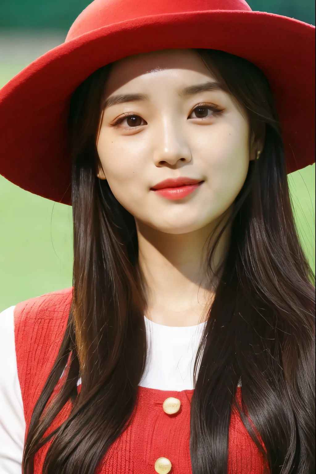 a close up of a woman wearing a red shirt and a green hat, park ji-min, lee ji-eun, lee ji - eun, portrait of female korean idol, heonhwa choe, tzuyu from twice, hwang se - on, wan adorable korean face, jaeyeon nam, sun yunjoo, jinyoung shin, taejune kim, krystal