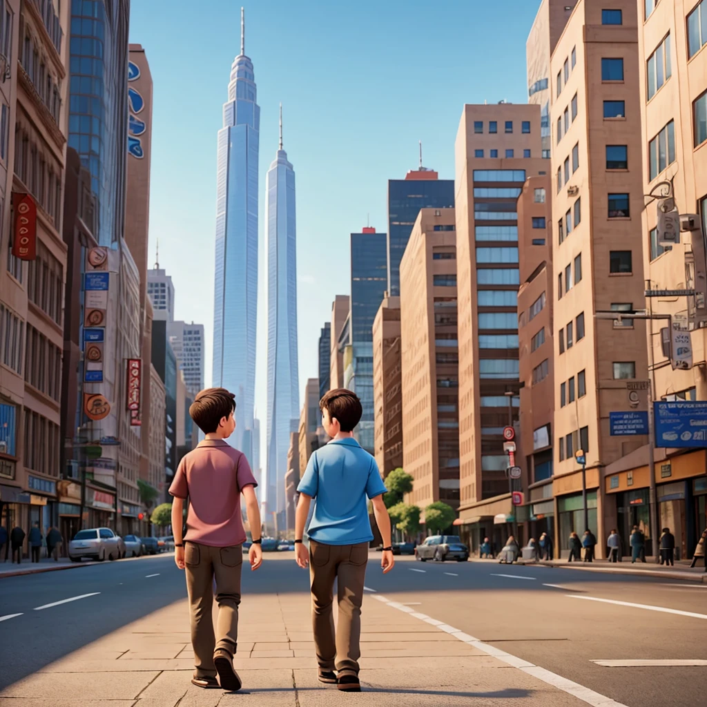 Two adult boy friends walk  in big city