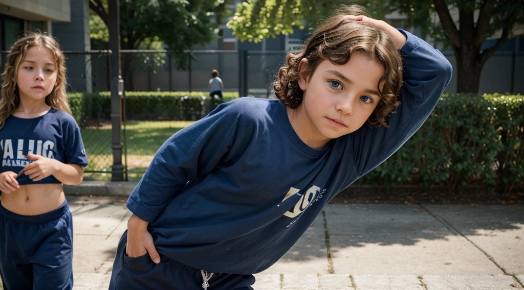 Photorealistic representation of a 10-year-old boy with curly blond hair, bangs covering his forehead and large, expressive blue eyes. The boy is partially dressed in a navy blue , consisting of a long-sleeved shirt and matching pants. He is dancing hip hop in the school yard. The hopeful and melancholy atmosphere. Depicting the mid-90s, meticulously capturing the other kids watching in the background.