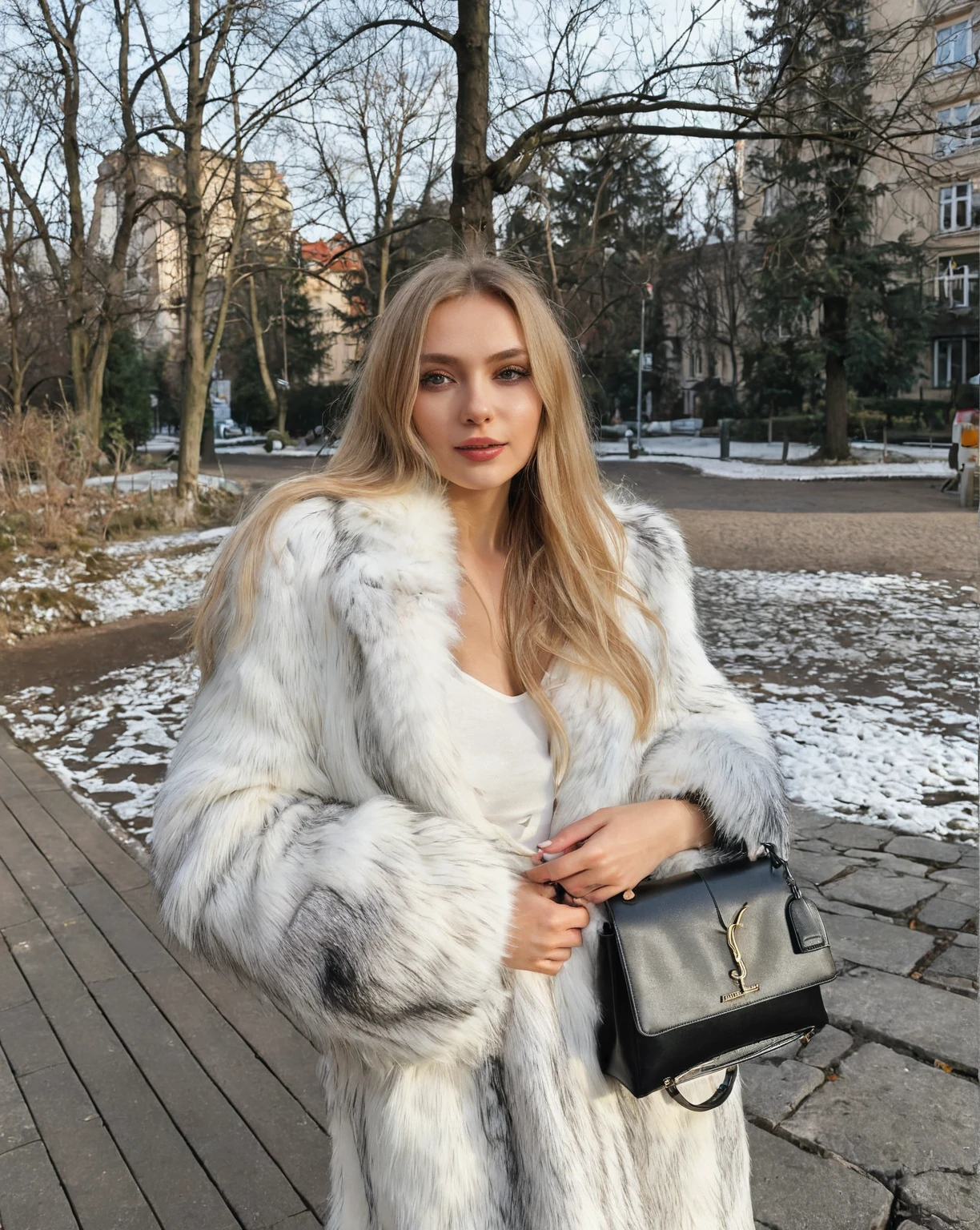 Araffe woman with a white fur coat and a black bag., Anna Nikonova aka Newmilky, Yelena Belova, Style of Julia Razumova, Aleksandra Waliszewska, wearing a luxury fur coat, Dasha Taran, Anastasia Ovchinnikova, by Emma Andijewska, Angelina Stroganova