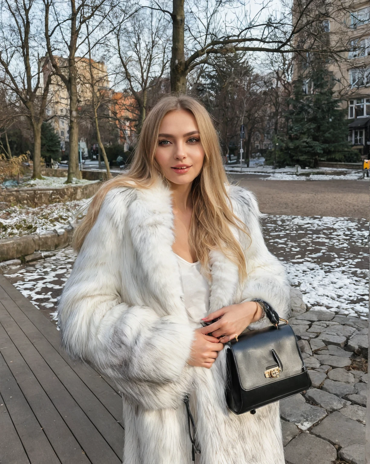 Araffe woman with a white fur coat and a black bag., Anna Nikonova aka Newmilky, Yelena Belova, Style of Julia Razumova, Aleksandra Waliszewska, wearing a luxury fur coat, Dasha Taran, Anastasia Ovchinnikova, by Emma Andijewska, Angelina Stroganova