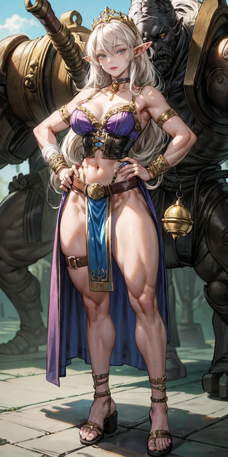 female drow elf blue pale skin full body whole body 1sologirl loincloth standing warrior proud expression, hands on hips, loincloth standing, hands on hips, metal sandals, leather choker with golden bell bellybutton navel, leather corset, big belt, view from below, feet together, bracers, tiara