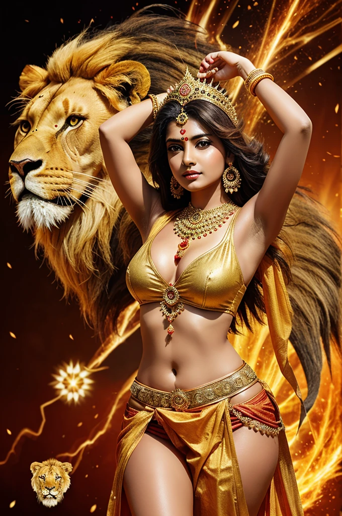 Creat a image god durga with highly energy background with lion