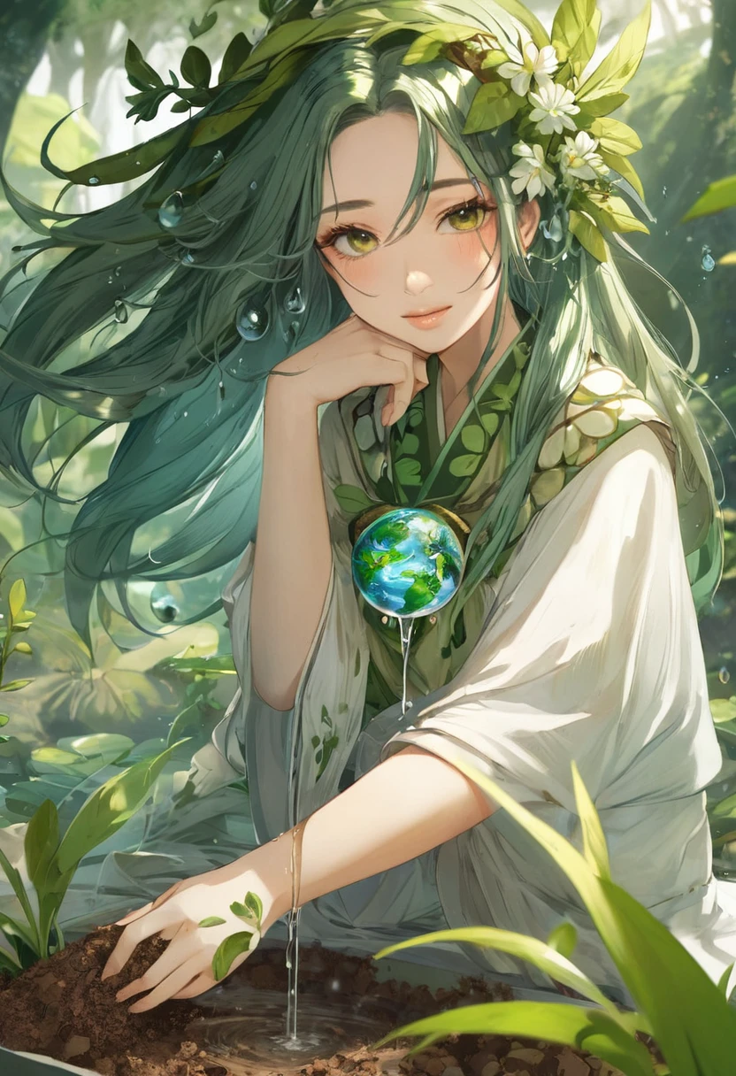 One girl, Female Earth Spirit, Earth-colored hair, Internal soil springs, Put a few drops of earth water on your skin,