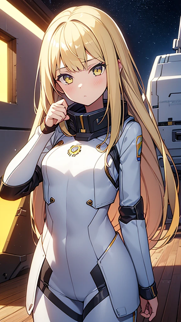 (Young girl, , Blonde, Realistic, Pale skin), (yellow (eye:1.2)), (Slim figure:1.3), (fantasy space suit), Beautiful Face, Symmetrical face, Greg Rutkowski, wlop and sam kuvshinov, (Long Hair), Blondeのまつげ, Big Iris, Large pupils, whole body, Standing with the space station in the background, Art Station, 8K, sf, pastel colour, Props, panel, concept, Futuristic, Gribble, Simon Starenhug, space, in outer space, a spaceship in the sky, Technical Blocks