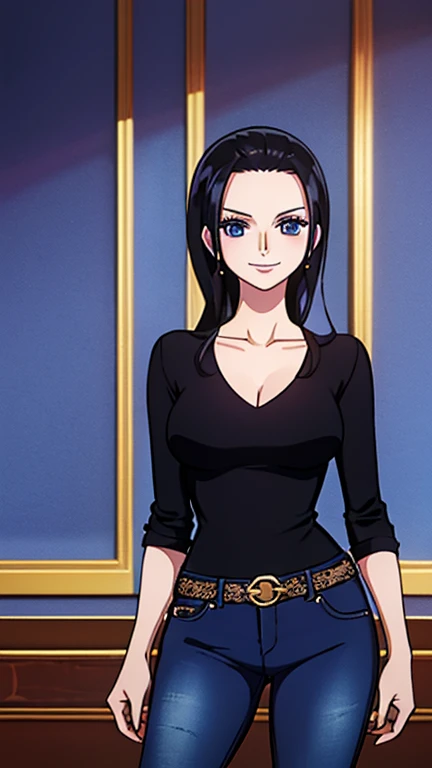 Nico robin, 1girl, solo, looking at viewer, cowboy shot, smiling, black hair, open hair, pirate, blue cerulean eyes, one piece nico robin, blue full jeans, dark purple dress, luxury room background, golden