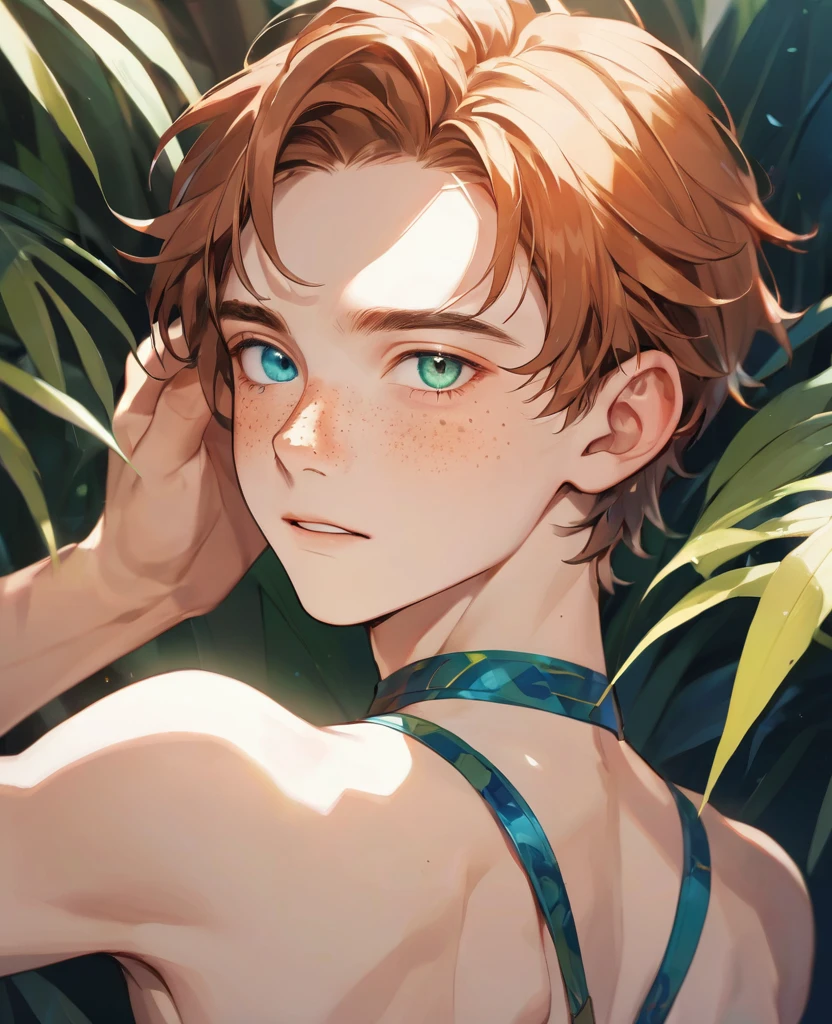 boy 16 years old, he has a lot of freckles on his face, Shoulders, back, palms, he has heterochromia eyes and his right eye is blue, and the left one is green 