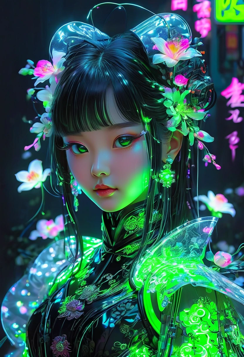The Flower Girl of Cyber World，Wearing a cyberpunk costume that combines tradition and the future，Neon，Technology and future，digital art inspired by Yanjun Cheng, Tumblr, Rococo, Portrait of Josie in fluorescent green and carbon black, Portrait Zhixiu，Flowing long hair,Peking Opera Hua Dan，Exquisite face，cute，Circuit board light effect，Green is glowing，
