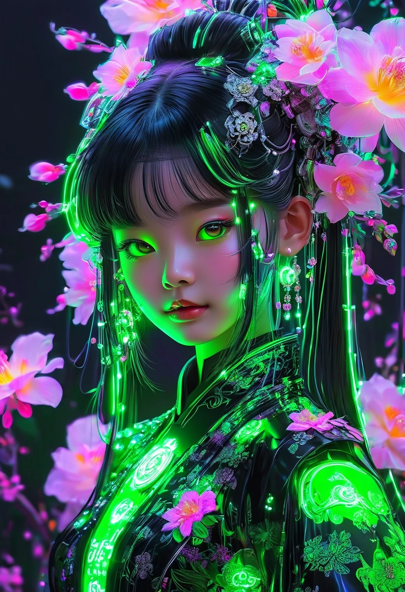 The Flower Girl of Cyber World，Wearing a cyberpunk costume that combines tradition and the future，Neon，Technology and future，digital art inspired by Yanjun Cheng, Tumblr, Rococo, Portrait of Josie in fluorescent green and carbon black, Portrait Zhixiu，Flowing long hair,Peking Opera Hua Dan，Exquisite face，cute，Circuit board light effect，Green is glowing，
