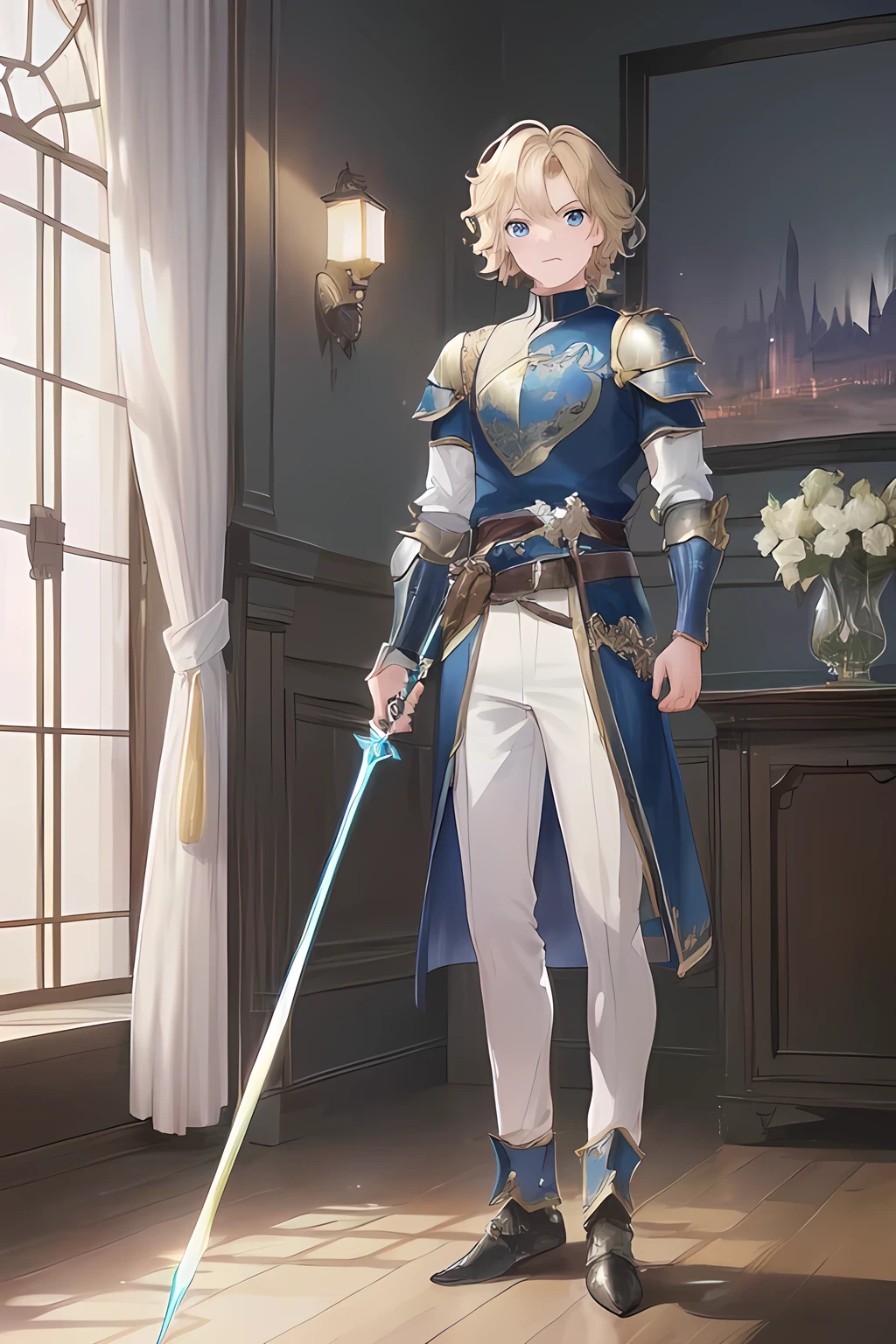 (master piece:1.3,best quality:1.3,ultra detailed:1.3),cg,8k,illustration,narcissistic face,1boy,solo,shiny hair,shiny skin,(beige wavy hair),break,blue eyes,break,(standing upright),natural hand poses,(shoot from front:1.3),(looking at viewer:1.2),(full body:1.4),1.8m talls,muscle,break,(nobility clothes:1.2,light armor,equipped with a rapier),break,(fantasy world:1.4),indoors