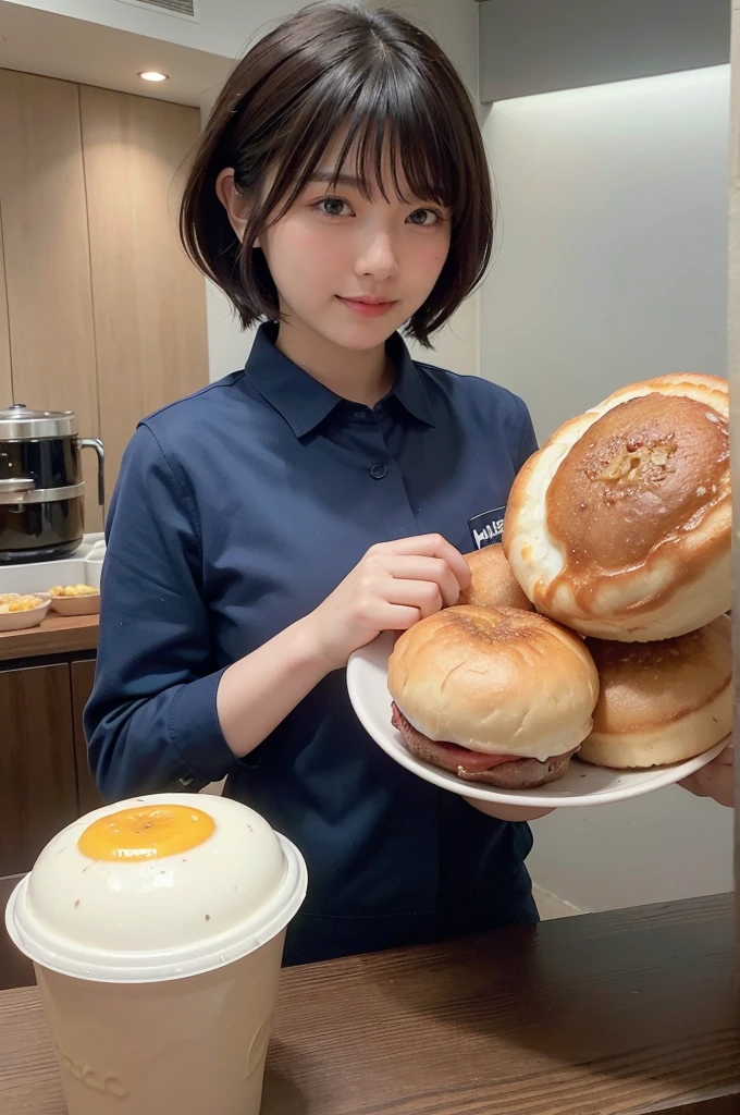 1 very cute girl、12 years old、short hair、Gray Hair、Adds moisture to your hair、Reduces hair volume、Blue background、Upper Body、(head shot:1.5)、Eyes focus、Collared shirt、Laughter、、(8k、RAW Photos、highest quality、masterpiece:1.2)、(Realistic、Realistic:1.3)、Hmph、The depth of the written world、Wide Light、High Contrast、(Shine:1.4)、chromatic aberration、Sharp focus、RAW color photos、Cinema Lighting、8K resolution、A realistic, mouthwatering photo of a Mega Muffin Set from McDonald's. The Mega Muffin features two juicy sausage patties, melted cheese, a perfectly cooked egg, and crispy bacon between a toasted English muffin. The cheese is melting and the sausage patties look freshly cooked with a slight sizzle effect. Next to the Mega Muffin is a steaming hot McCafé coffee cup and a golden, crispy hash brown. The background is bright and cheerful yellow, emphasizing the delicious and enticing breakfast theme.