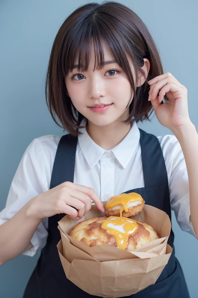 1 very cute girl、12 years old、short hair、Gray Hair、Adds moisture to your hair、Reduces hair volume、Blue background、Upper Body、(head shot:1.5)、Eyes focus、Collared shirt、Laughter、、(8k、RAW Photos、highest quality、masterpiece:1.2)、(Realistic、Realistic:1.3)、Hmph、The depth of the written world、Wide Light、High Contrast、(Shine:1.4)、chromatic aberration、Sharp focus、RAW color photos、Cinema Lighting、8K resolution、A realistic, mouthwatering photo of a Mega Muffin Set from McDonald's. The Mega Muffin features two juicy sausage patties, melted cheese, a perfectly cooked egg, and crispy bacon between a toasted English muffin. The cheese is melting and the sausage patties look freshly cooked with a slight sizzle effect. Next to the Mega Muffin is a steaming hot McCafé coffee cup and a golden, crispy hash brown. The background is bright and cheerful yellow, emphasizing the delicious and enticing breakfast theme.