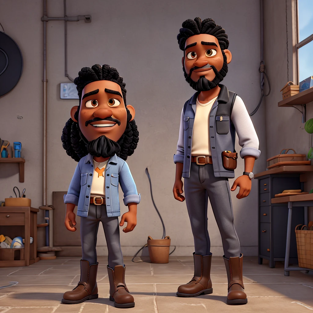 Pixar style 3D drawing, of a black man, braided straight hair, black beard, tired eyes finger positive. gray electrician uniform, black boots,
Approve, finger,