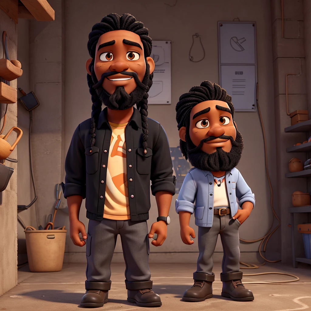 Pixar style 3D drawing, of a black man, braided straight hair, black beard, tired eyes finger positive. gray electrician uniform, black boots,
Approve, finger,