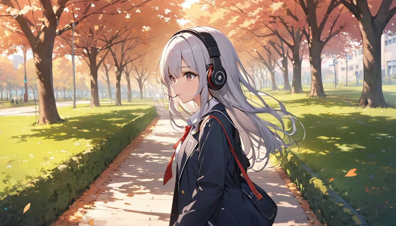 (Highest quality), One high school girl,,Headphones,Walking in the park