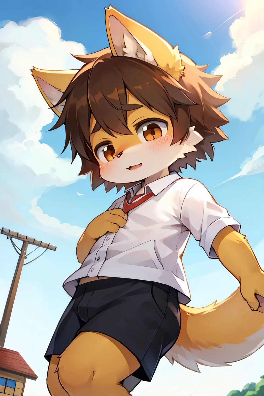 Kemoshota, dynamic angle, kindergarten boy, short height boy, tail,