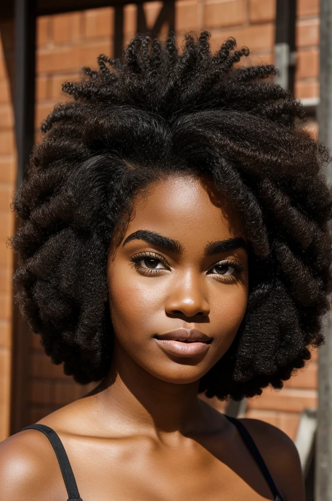 Afro brunette hair thick eyebrows wide face 