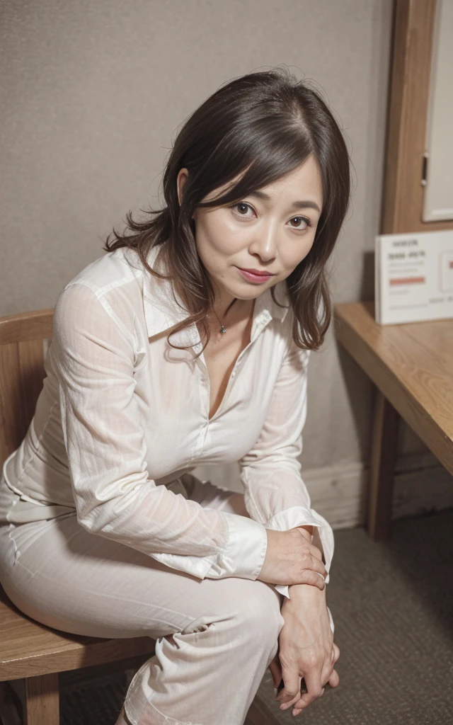 ((best quality, 8K, masterpiece, portrait: 1.3)), (looking at viewer),realistic, sharp focus, glare, Beautiful Japanese Office Lady, Grey Blazer, white shirt, clothes with large cleavage, 35 years old, wavy hair, ((double eyelid, Eyelashes, lip gloss)), (Wrinkles around the eyes:0.6), ((Sit on your office chair with your legs wide apart:2, get down on both knees, show off pubic hair)), (Loose waist:1),((Show your pussy stained panties:1)), (public chair:1.5), (dehisce:0.7), (angry:0.5), ((dehisce:1)), dark nobody office room,