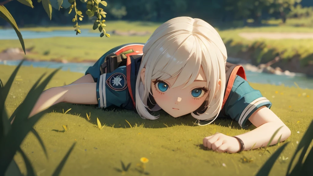 Girl doll、bank、river、bridge、Enjoying airsoft、uniform、Crawling through the grass,octane render、(Hyper-detailing: 1.15)、cinematic lightening、super fine eyes、Full Paint、Anatomically correct、Blur、Depth of written boundary