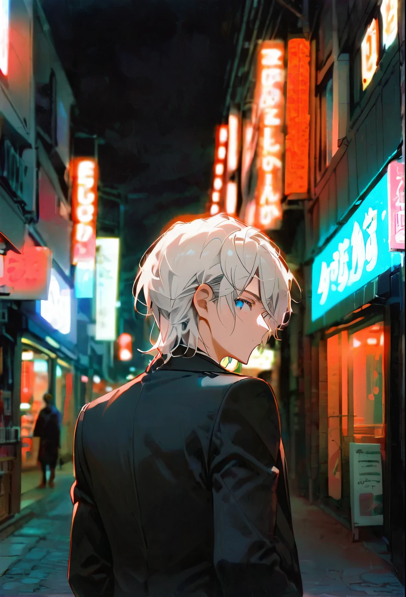Half body portrait of a young man ,white hair, blue eyes, wears an all black suit. Stand and look back. Look back. Half-body image. Look back. background is Commercial street, red lights, shop signs everywhere