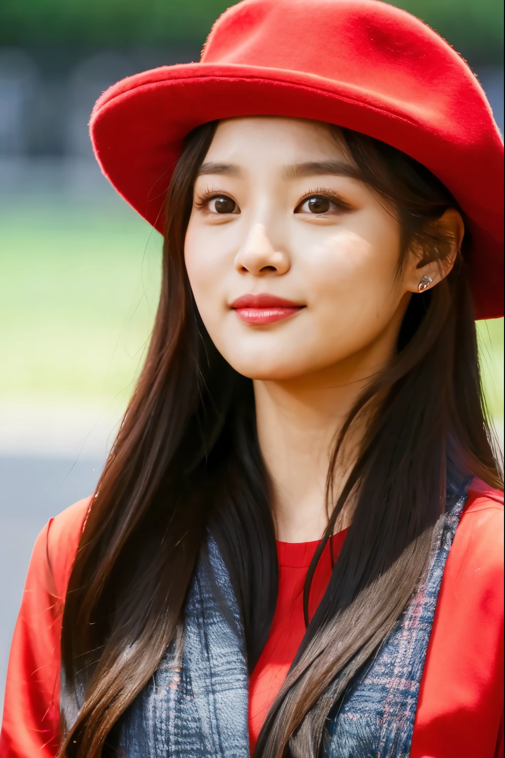a close up of a woman wearing a red shirt and a green hat, park ji-min, lee ji-eun, lee ji - eun, portrait of female korean idol, heonhwa choe, tzuyu from twice, hwang se - on, wan adorable korean face, jaeyeon nam, sun yunjoo, jinyoung shin, taejune kim, krystal