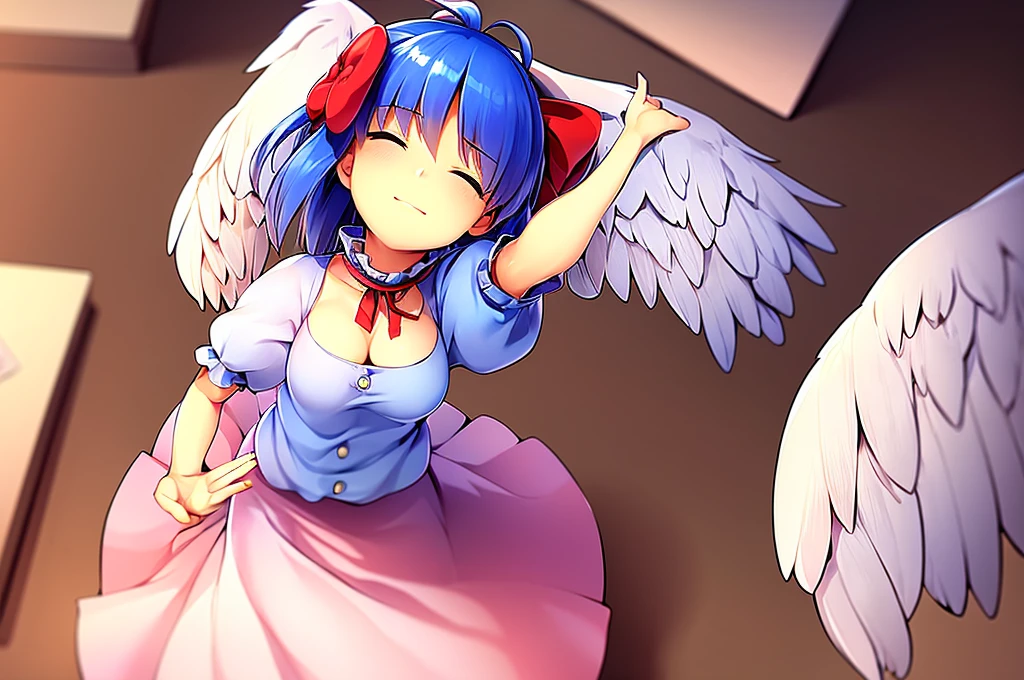 masterpiece, best quality, 1girl, , , 10 years old, medium blue hair, hair flaps, pink ribbon on head, well-formed face, blue eyes, angel girl, white blouse, puffy short sleeves, red ribbon, angel wings, long white skirt, red shoes, frills, ribbon head, from behind, to lift up one’s skirt, cowboy shot, from front, standing , raise one leg, crossed arms, arms up behind, arms behind back, hand between legs, put hands hip, one hand on hip, forward hands, arms raised in the air, punch hands, peace sign, waving, put up index finger, sit, lie down, closed eyes, lie face down, looking back, put one hand chest, leaning forward, cleavage, close up, horizontally outstretched arms, horizontally outstretched legs, front view, front face