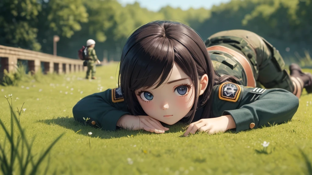 Girl doll、bank、river、bridge、Enjoying airsoft、uniform、Crawling through the grass,octane render、(Hyper-detailing: 1.15)、cinematic lightening、super fine eyes、Full Paint、Anatomically correct、Blur、Depth of written boundary